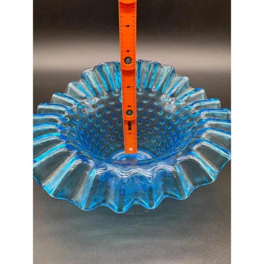 Blue Hobnail‎ Glass Ruffled Creamer Pitcher Dish Vintage